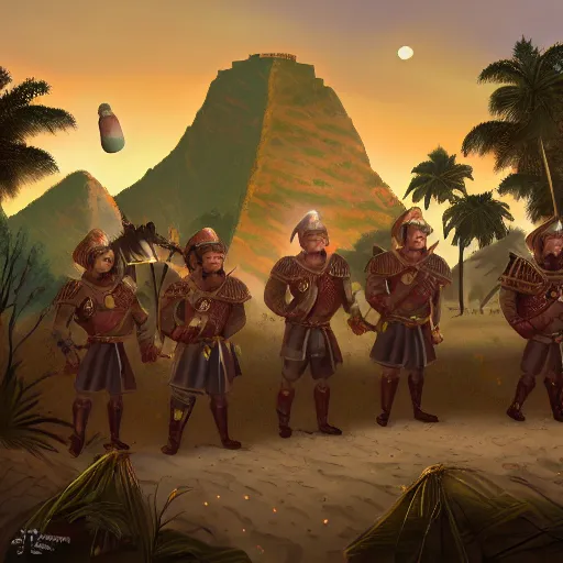 Prompt: A group of armoured Spanish conquistadors holding lanterns on a sandy beach Cove in middle of a magical forest in a dark night. Inca ruins in the background. Pale crescent moon in the sky. detailed digital painting, artstation