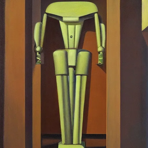 Image similar to tall, gaunt, imposing robot with intense eyes portrait, grant wood, pj crook, edward hopper, oil on canvas