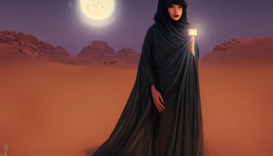 Image similar to Portrait of very very very very very very beautiful Arab woman wearing a burqa, glowing gold eyes, under giant full moon in the desert, intricate, elegant, highly detailed, digital painting, artstation, concept art, smooth, sharp focus, illustration, art by WLOP and artgerm and greg rutkowski and alphonse mucha