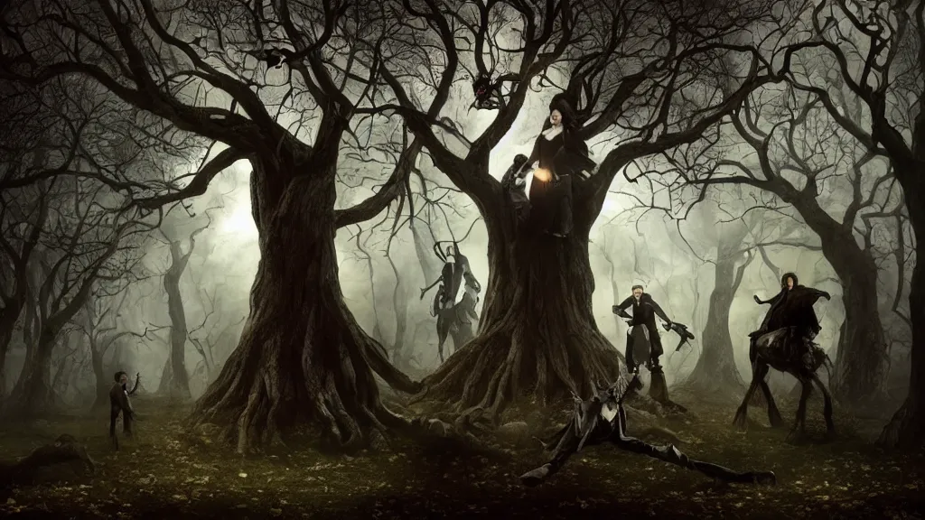 Image similar to movie still from the legend of sleepy hollow themed surrealist art in the styles of igor morski, jim warren, and a tim burton film, intricate, hyperrealistic, volumetric lighting