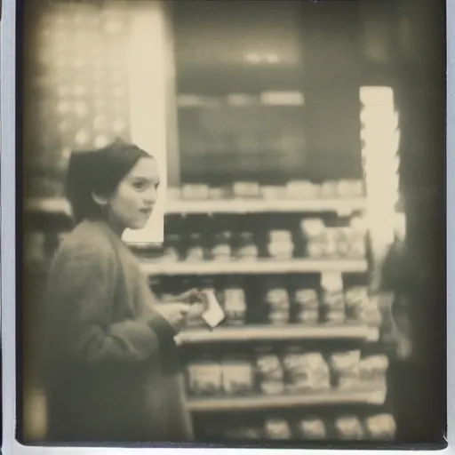 Image similar to a very beautiful old Polaroid picture of a young women inside a supermarket, award winning photography