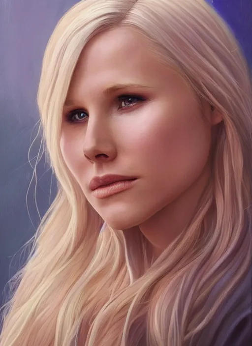 Prompt: a painting of kristen bell with long blonde hair, a photorealistic painting by magali villeneuve, featured on cgsociety, fantasy art, detailed painting, photorealistic