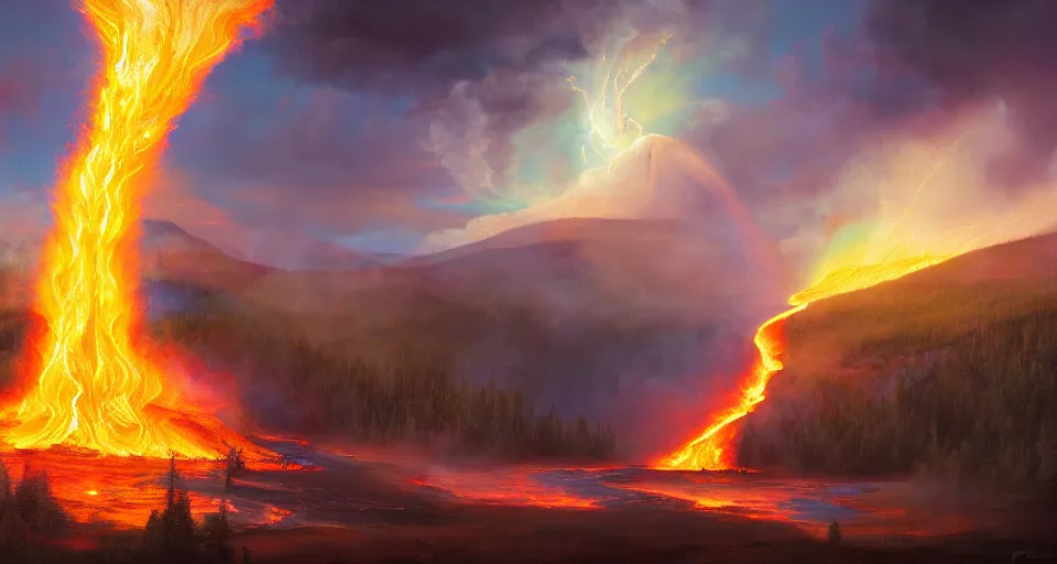 Prompt: the hawaiian fire goddess pele erupting yellowstone volcano, by peter mohrbacher, digital painting, ultra high detail, apocalyptic, glow, lens flare, atmosphere, hyperrealistic, 8 k, cinematic, trending on artstation