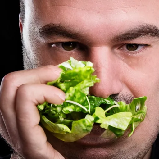 Image similar to close up headshot of a sad man eating salad, stock photograph, studio lighting, 4k, beautiful symmetric face, beautiful gazing eyes