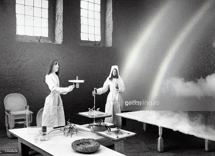 Image similar to realistic photo two medieval female scientists doing an experiment with a cloud and rainbow, living room interior is made of wood 1 9 9 0, life magazine reportage photo