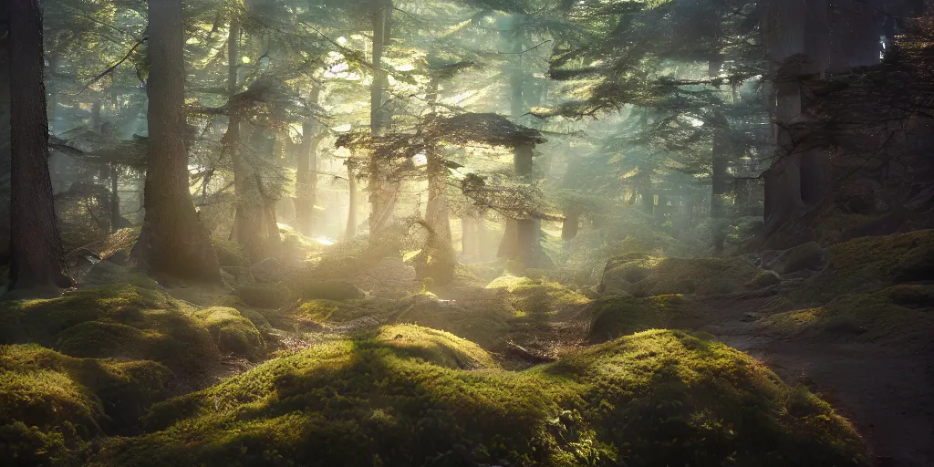 Image similar to a forest, oil painting, cinematic angle, hyperrealistic, volumetric lighting, dynamic, Studio Ghibli, digital art, octane render, post-processing, beautiful composition, trending on artstation, masterpiece