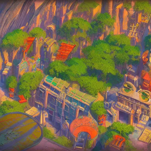 Prompt: Aerial map of a first person Bongo Drum video game, D&D, fantasy, brightly colored buildings, highly detailed, digital painting, artstation, smooth, sharp focus, illustration, art by greg rutkowski studio ghibli, cinematic