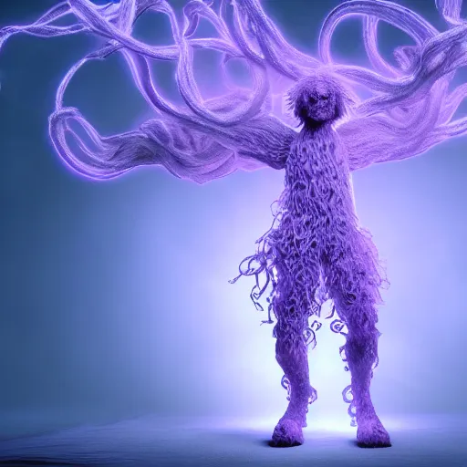 Image similar to a puli made out of tendrils of glowing purple magic, unreal engine, volumetric lighting, artstation