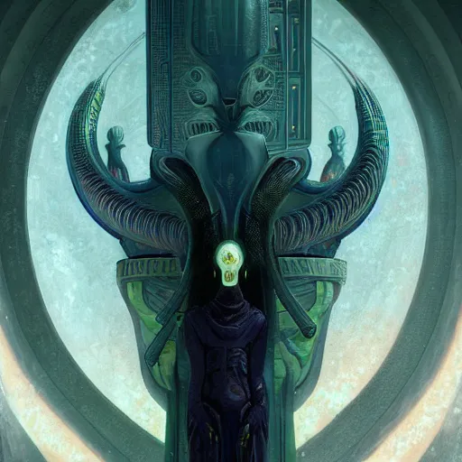 Image similar to portrait of tall, long-necked lipless mutant with scaled face and serpent eyes wearing gauze toga and standing in cyberpunk art deco mosque, alien bestiary by Barlowe, Greg Rutkowski, and Yoshitaka Amano