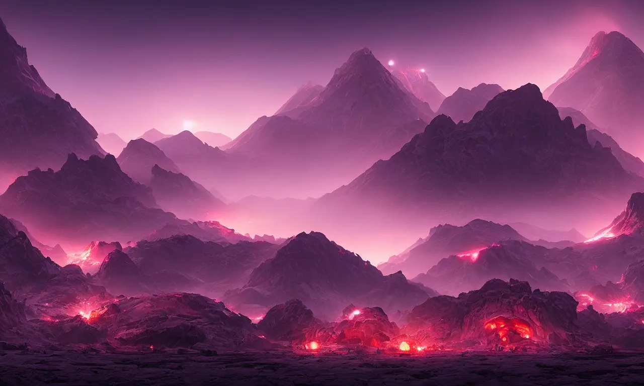 Prompt: mountainous, volcanic, alien planet covered in a purple haze, buildings in front, science-fiction, cinematic lighting, cinematic angle, Guillem H. Pongiluppi, Sviatoslav Gerasimchuk, Federico Pelat, dusk