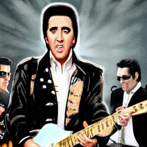 Image similar to nicolas cage as elvis presley playing the guitar over a poker table