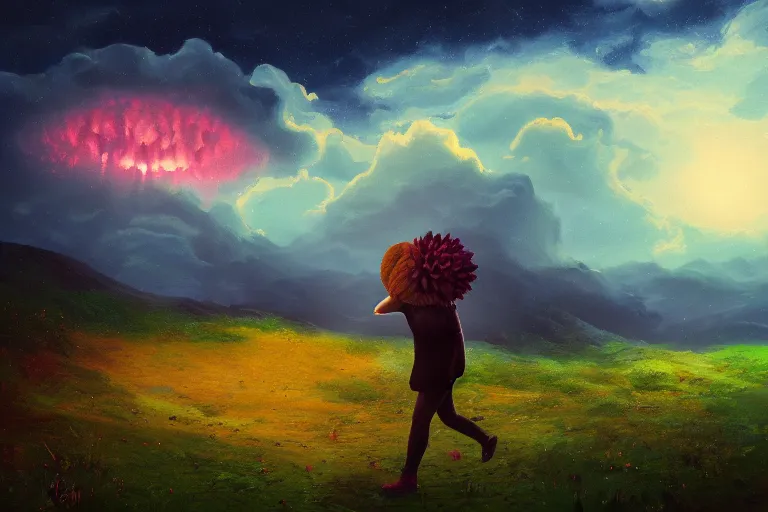 Image similar to giant dahlia flower as a head, girl walking on mountain, surreal photography, stars, dramatic light, impressionist painting, storm clouds, digital painting, artstation, simon stalenhag