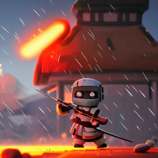 Prompt: A marshmallow samurai destroying the anchient village in the risk of rain 2 style, very coherent symmetrical artwork, cinematic, hyper realism, high detail, octane render, unreal engine, 8k, trending on artstation