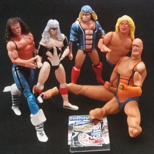 Image similar to WCW sting wrestling action figures fighting in abandoned dollhouse