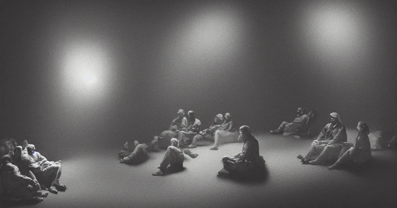 Prompt: human beings sit in the cinema and watch reflections of their lives on screen of life illusion, projecting by volumetric light of consciousness, realistic, deep sense of spirituality, visual plasticity, unreal engine quality, raytracing, vray shading, style of jean - francois millet