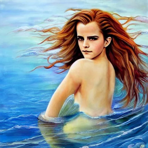 Image similar to emma watson as sea mermaid, artwork by julie bell,