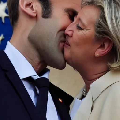 Prompt: emmanuel macron kissing Marine Lepen