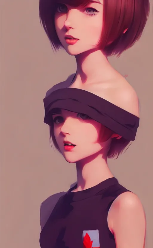 Image similar to a playful and cute girl with short hair, by ilya kuvshinov