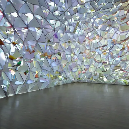 Prompt: : soft glossy hyperbolic abstract shapes art installation in museum