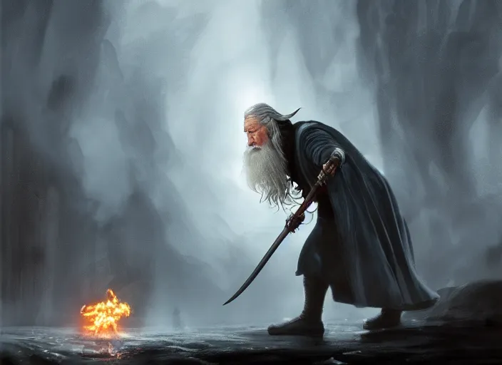 Image similar to gandalf throwing a fire bolt from the floor at darth vader, beautiful landscape, dramatic lighting, cinematic, establishing shot, night time, heavy rain, extremly high detail, photorealistic, cinematic lighting, post processed, concept art, artstation, matte painting, style by greg rutkowsky