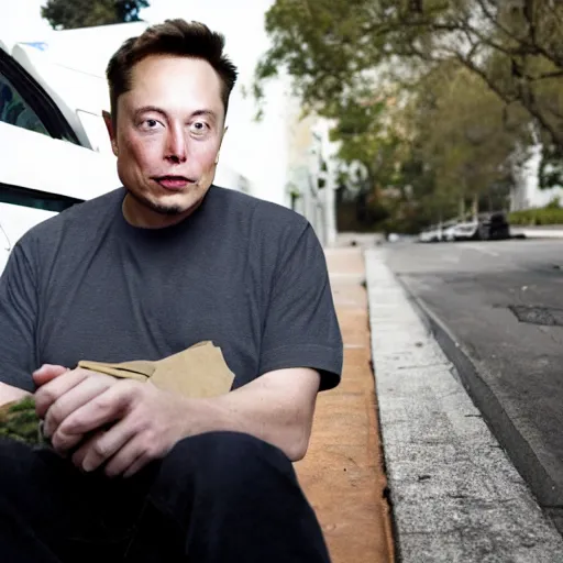 Image similar to elon musk as a homeless man, 4 k