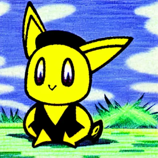 Prompt: Pichu wearing a straw hat by Ken Sugimori