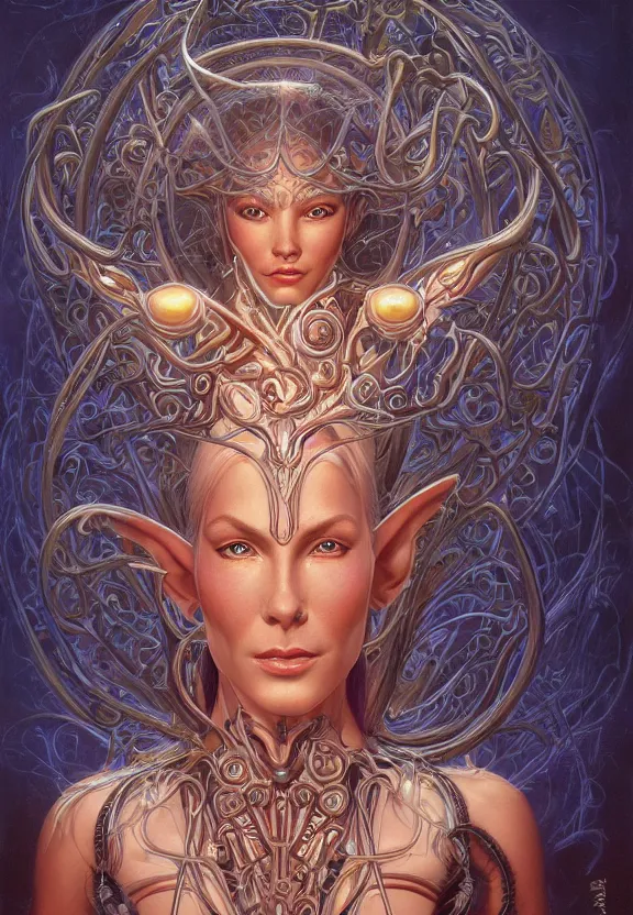 Prompt: perfectly centered portrait front view of a beautiful biomechanical female elf high priestess, flowing hair, intense stare, sweet smile, symmetrical, concept art, intricate detail, volumetric shadows and lighting, realistic oil painting by tim hildebrandt,