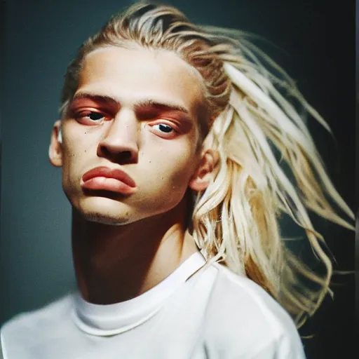 Prompt: realistic photoshooting for a new balenciaga lookbook, color film photography, portrait of a blonde european model, in style of tyler mitchell, 3 5 mm,