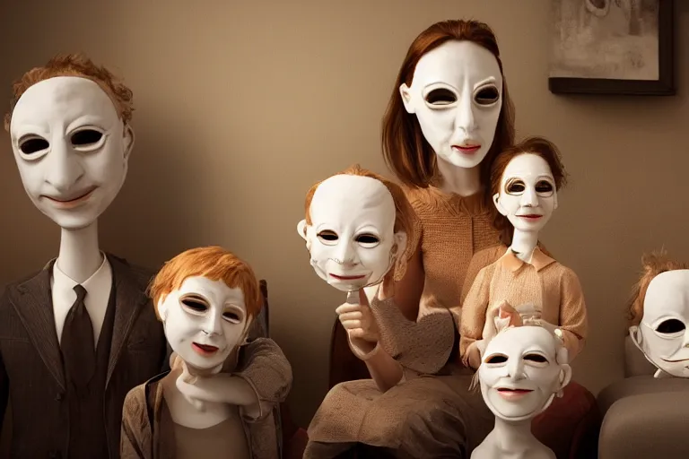 Image similar to family with actor's ceramic masks watching tv, style of henrik sahlstrom and paolo roversi, 8 k, sharp focus, soft light, volumetric lighting, highly detailed realistic, refined, artstation