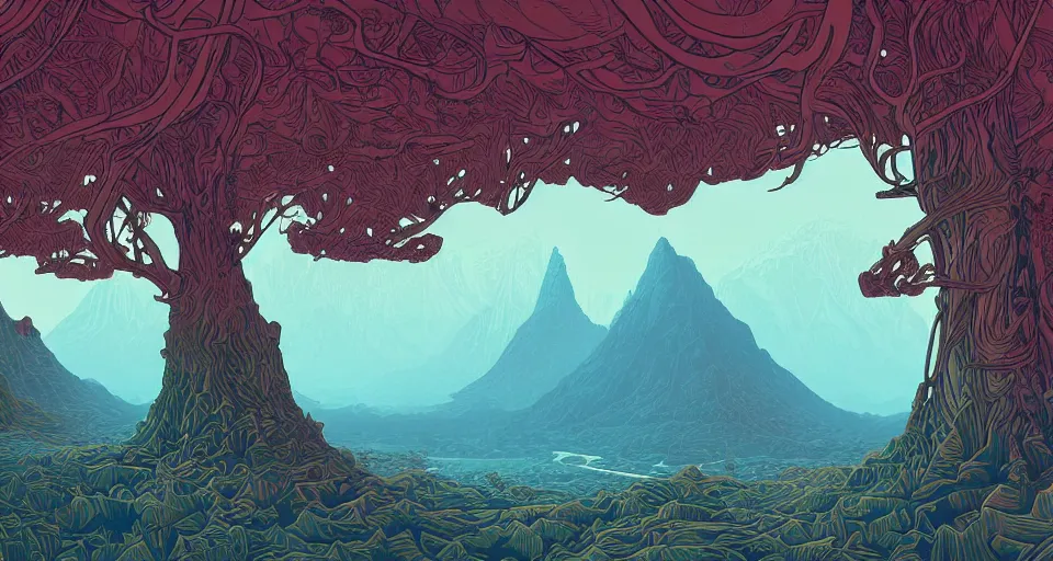 Image similar to a beautiful landscape with trees and mountains, by kilian eng