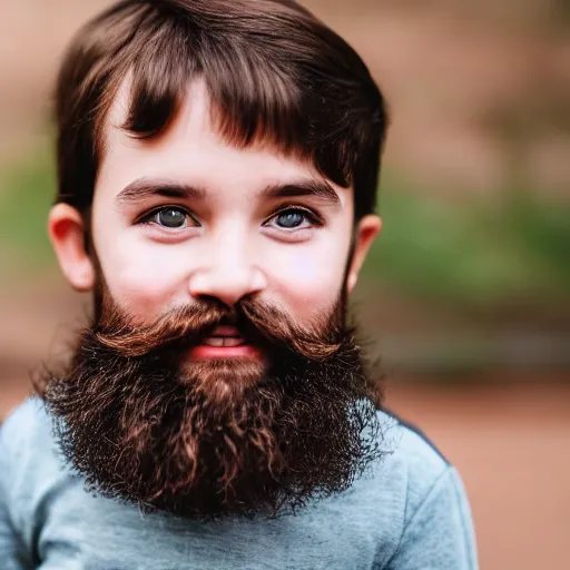 Image similar to small boy with beard and mustache looking at the camera and smiling