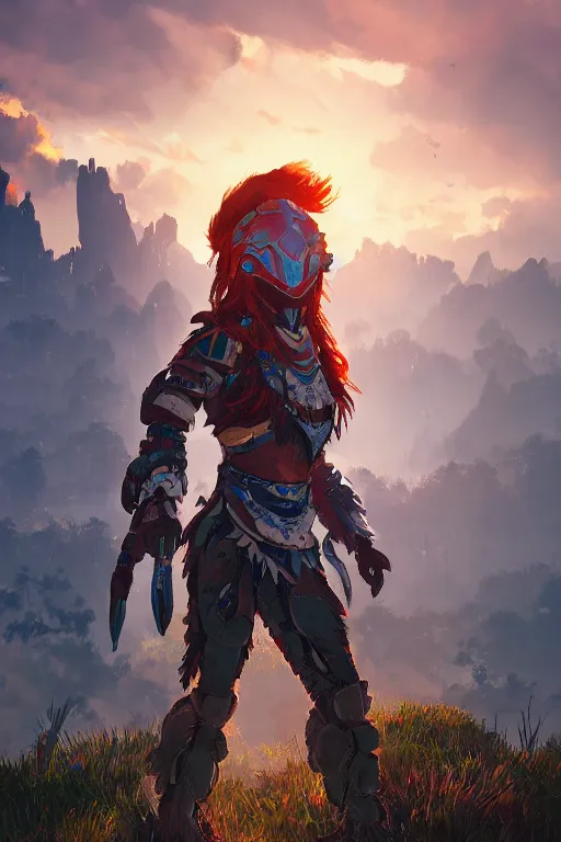 Image similar to combination suit armor aloy horizon forbidden west horizon zero dawn radiating a glowing aura global illumination ray tracing hdr fanart arstation by ian pesty and alena aenami artworks in 4 k tribal robot ninja mask helmet backpack