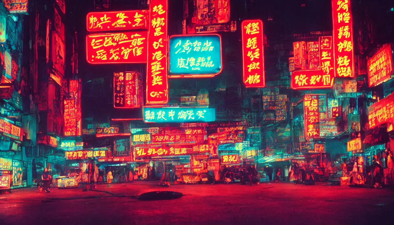 Prompt: 80s asian neon movie still, medium format color photography, movie directed by Kar-Wai Wong, hyperrealistic, photorealistic, high definition, highly detailed, tehnicolor, anamorphic 50mm lens