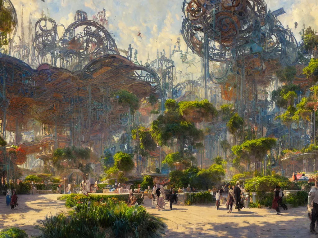 Image similar to impressionist brushstrokes!!!! solomon joseph solomon and richard schmid and jeremy lipking victorian loose genre loose painting of a busy elaborate ornate outdoor sci - fi park, cinematic, shadows, partly cloudy day, 4 k, detailed, by zaha hadid and peter jackson and ridley scott and beeple and greg rutowski