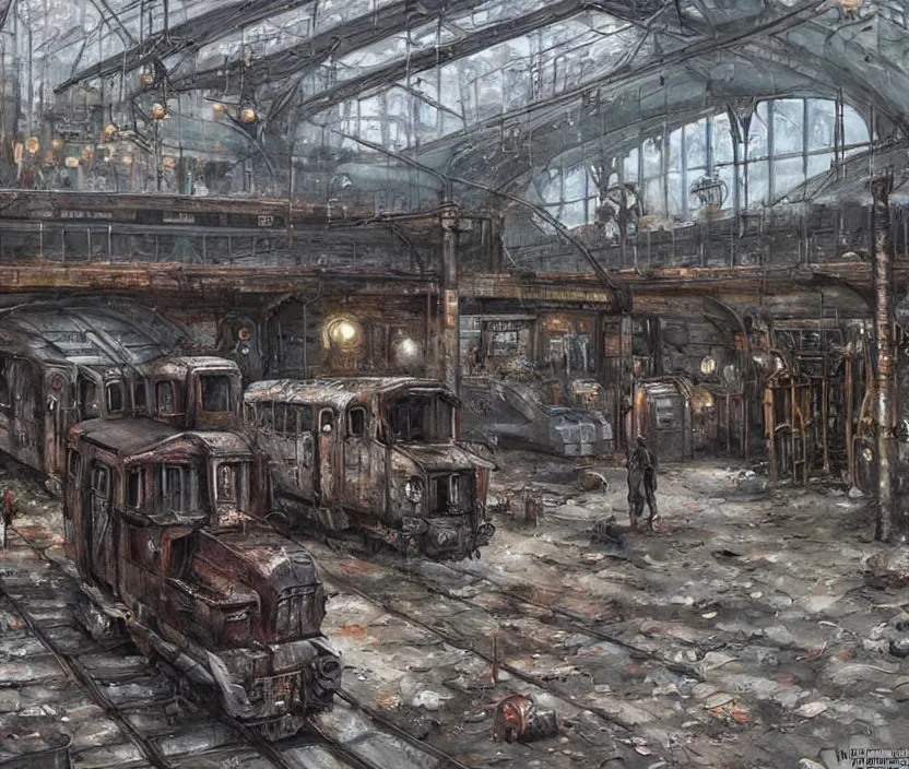 Prompt: post-apocalyptic urban train station, by Konstantin Razumov, horror scene, highly detailded