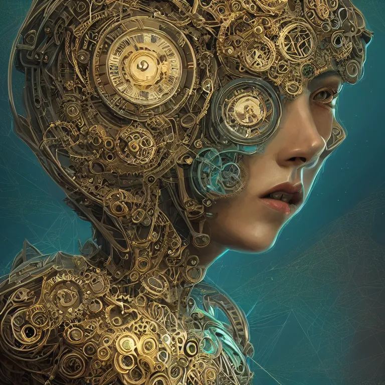 Image similar to beautiful symmetrical face portrait android woman time machine axonometric mechanical fantasy intricate elegant highly detailed in volumetric void of latent space lush flowers intricate jewellery, realm of the gods golden turquoise steampunk, axonometric high contrast cinematic light, mystical shadows, digital painting, sharp focus, octane render, photographic, concept art, artist leonardo davinci, unreal engine 8 k