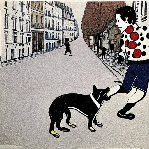 Image similar to book illustration of a french boy on the streets of paris playing football against a corgi, the dog is wearing a polka dot scarf, 1 9 6 6