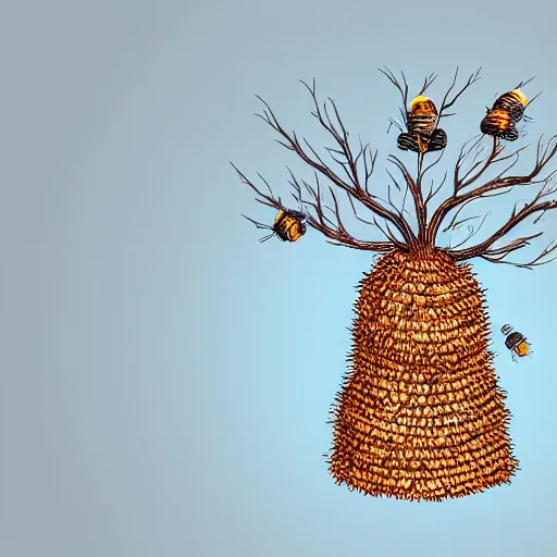 Image similar to digital illustration of a beehive hanging from a tree, with little campfires coming out of it, white background, trending on artstation