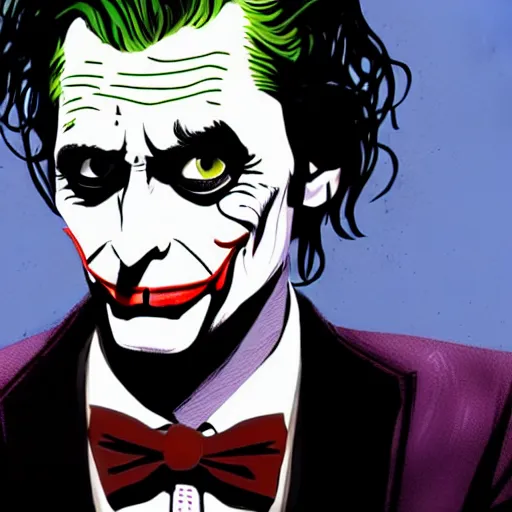 Image similar to David Tennant as the joker, single shot, long shot, eye level shot, Backlight, 16:9, concept art, deep focus, award winning, illustration by  John Romita Jr.