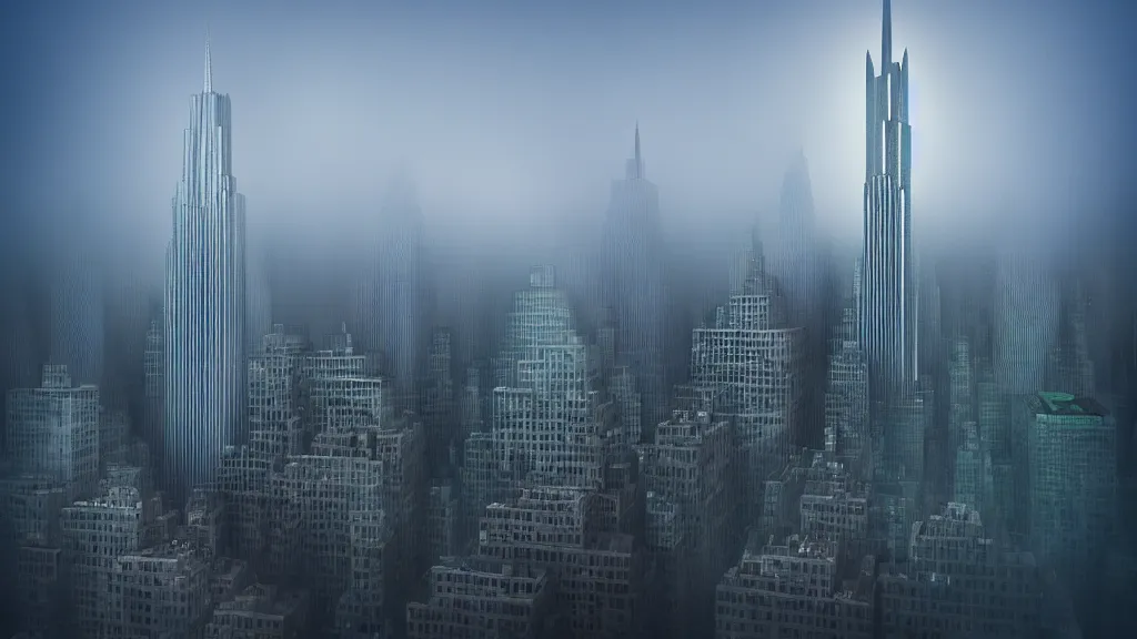 Prompt: Hulk sized Obama towers over a foggy Manhattan; render by Beeple, 4K