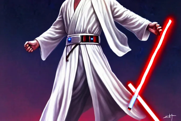 Image similar to jesus christ in a white robe fighting demons with, a lightsaber ; art by artgerm ; digital art ; character art ; star wars