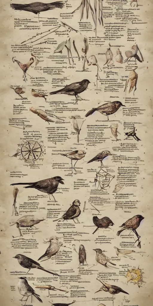 Prompt: anatomy of a bird, diagrams, map, marginalia, sketchbook, old script, inhabited initials, pastel infographic by Wes Anderson