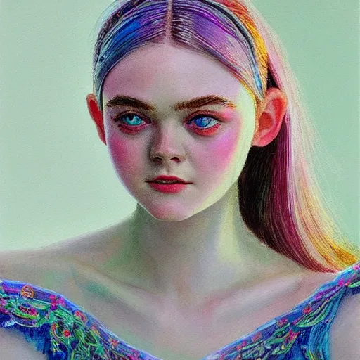 Image similar to professional painting of Elle Fanning in the style of Victor Nizovtsev, head and shoulders portrait, symmetrical facial features, smooth, sharp focus, illustration, intricate, stormy weather, extremely detailed masterpiece,