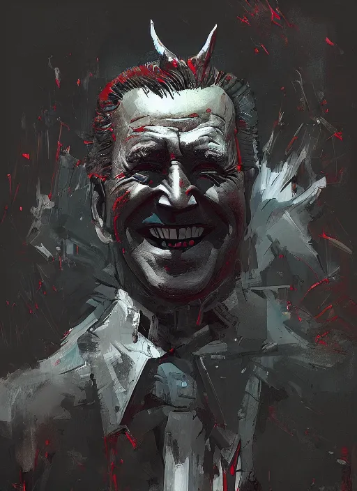 Image similar to dark Joe Biden grinning emperor of the world, high contrast with devil horns, cosmic horror, abstract, masterpiece, trending on ArtStation, by Greg Rutkovski and by Craig Mullins and by David Cronenberg and by Ismail Inceoglu