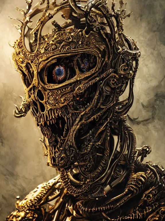 Prompt: portrait art of 8k ultra realistic undead eldritch horror corrupted vampire king, ornate gold crown , detailed intricate ornate armour,decaying, cybernetic, full of colour, cinematic lighting, battered, trending on artstation, 4k, hyperrealistic, focused, extreme details,unreal engine 5, cinematic, masterpiece, art by ayami kojima, giger