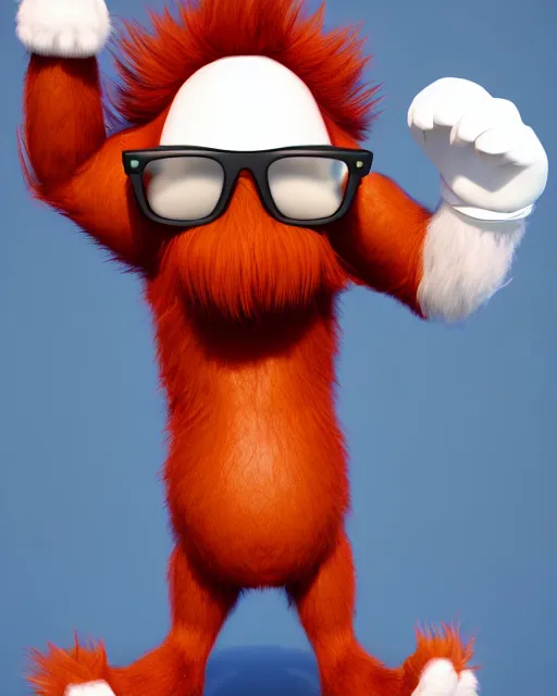 Image similar to 3 d render of completely red hairy friendly antropomorphic cartoony creature wearing white ray - ban shades, full body, simple, smiling with no nose, cute, white background, unreal engine 5 hdr