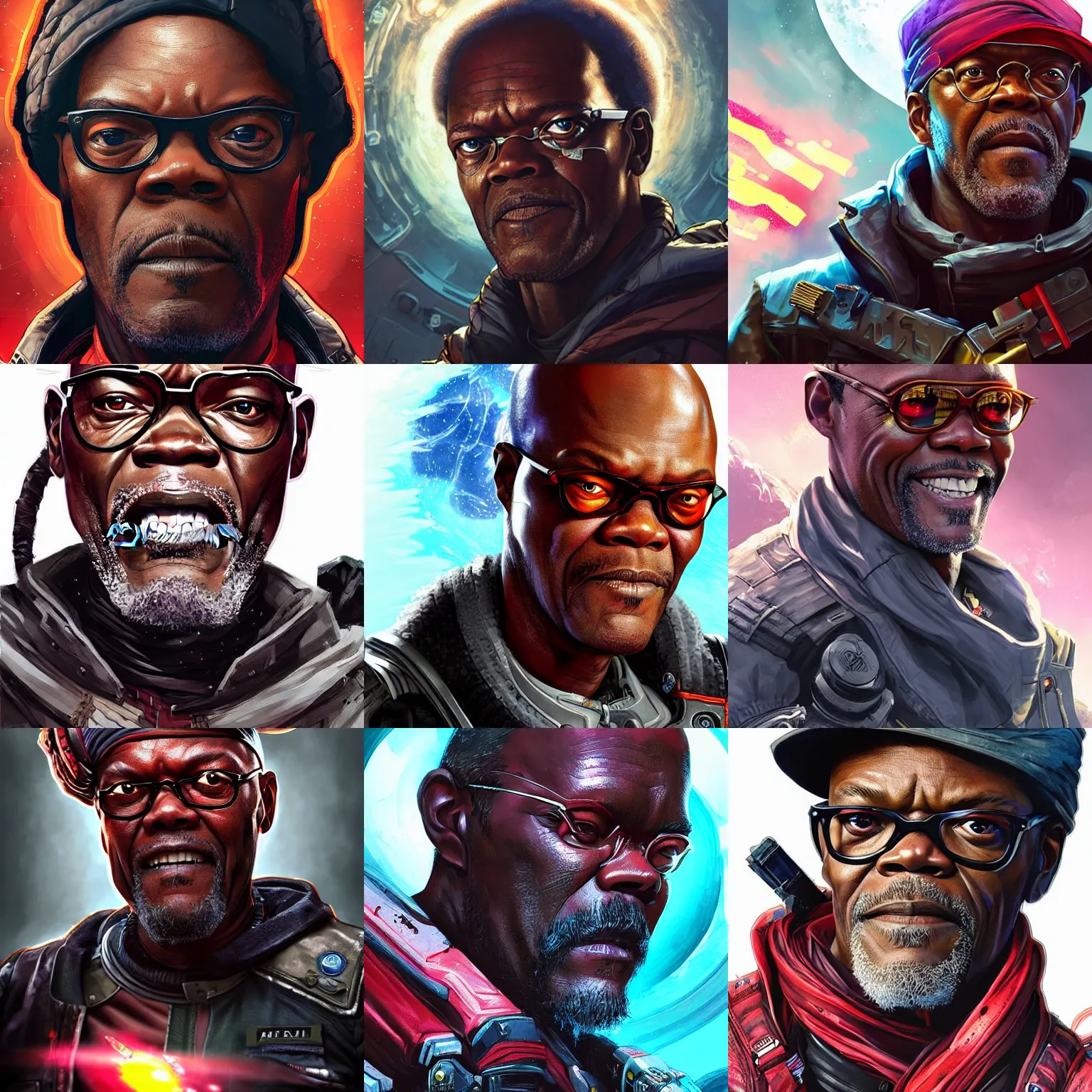 Prompt: Samuel L Jackson as a menacing space pirate with ruby eyes, Apex Legends character digital illustration portrait design, by android jones, detailed, cinematic lighting, wide angle action dynamic portrait