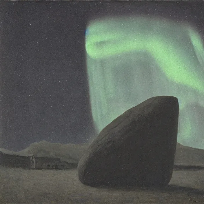 Prompt: the giant boulder, dark obsidian rock of ages filling up the interior of a house, cracking it's walls. aurora borealis. painting by hammershoi, zurbaran, monet