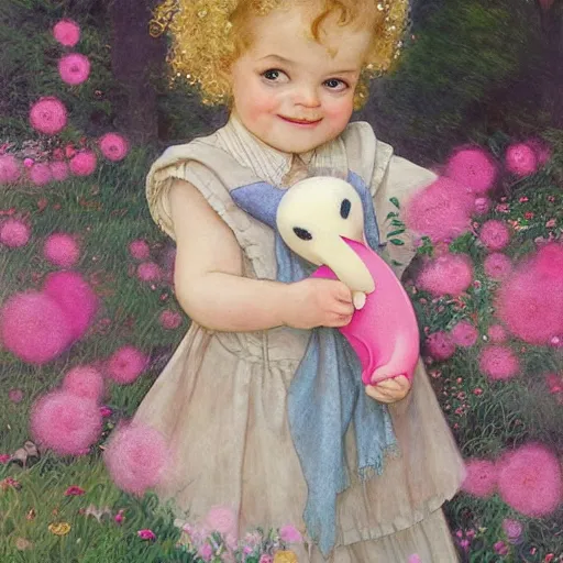 Prompt: a beautiful [[[[[smiling]]]]] little blonde toddler girl with short loosely curly hair, at the park on a beautiful day, holding a round all-pink stuffed penguin, by Artgerm, Mucha Klimt, Hiroshi Yoshida and Craig Mullins, featured on Artstation, CGSociety, Behance HD, Deviantart