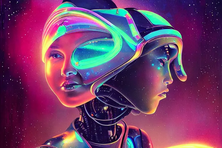 Image similar to patron saint of 👽 🌈👩🏾, futuristic clothing, woman and robot, disco party, neon god of city character portrait, in the style of moebius, tom bagshaw, and waterhouse, cinematic lighting, beautiful, elegant, oil painting,